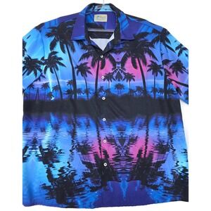 Royaura Shirt Mens 3XL Blue Purple Palm Tree Hawaiian Short Sleeve Button Up